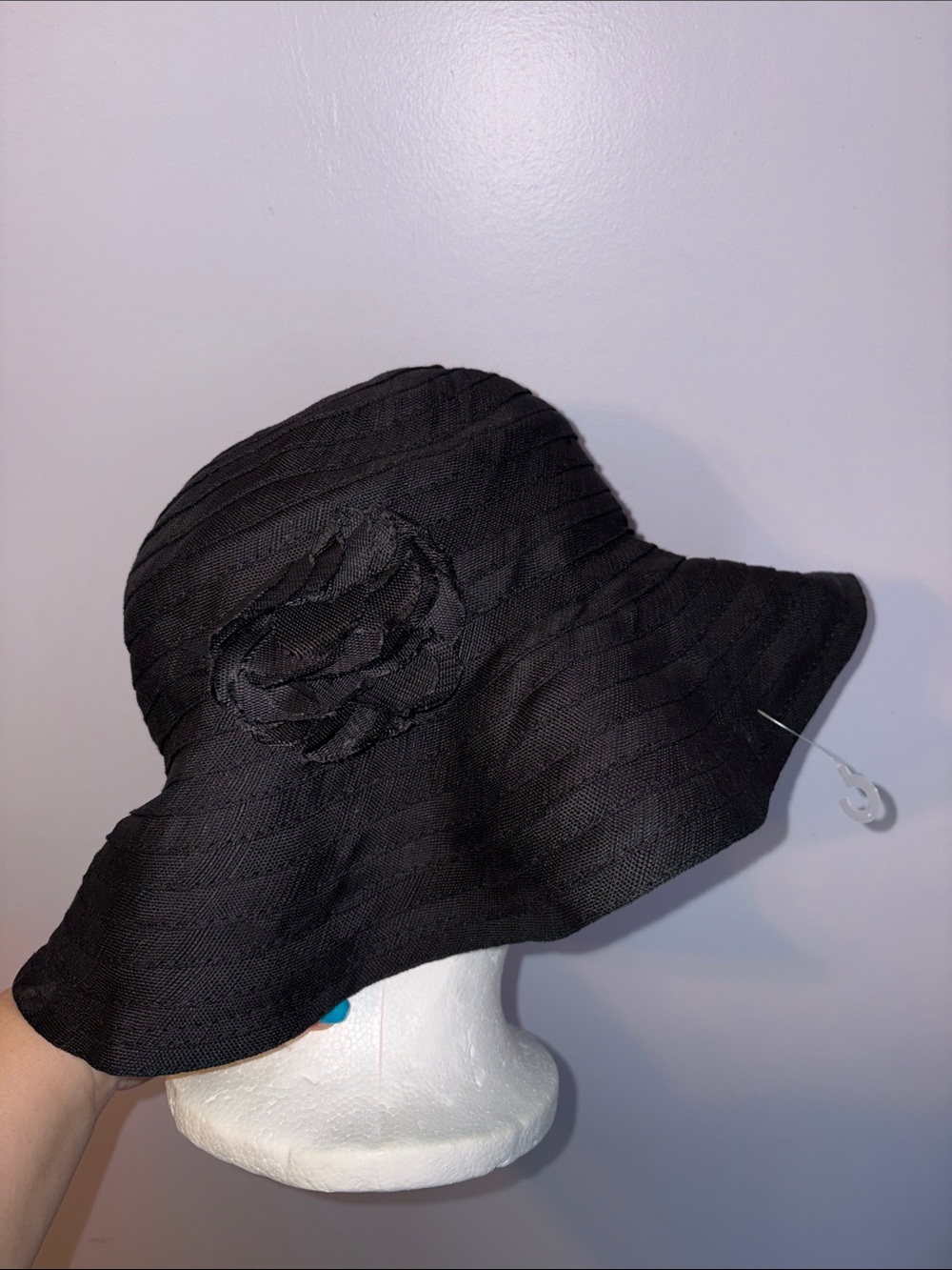 August Linen Wide Brim Sun Hat Black Flower Detail OS